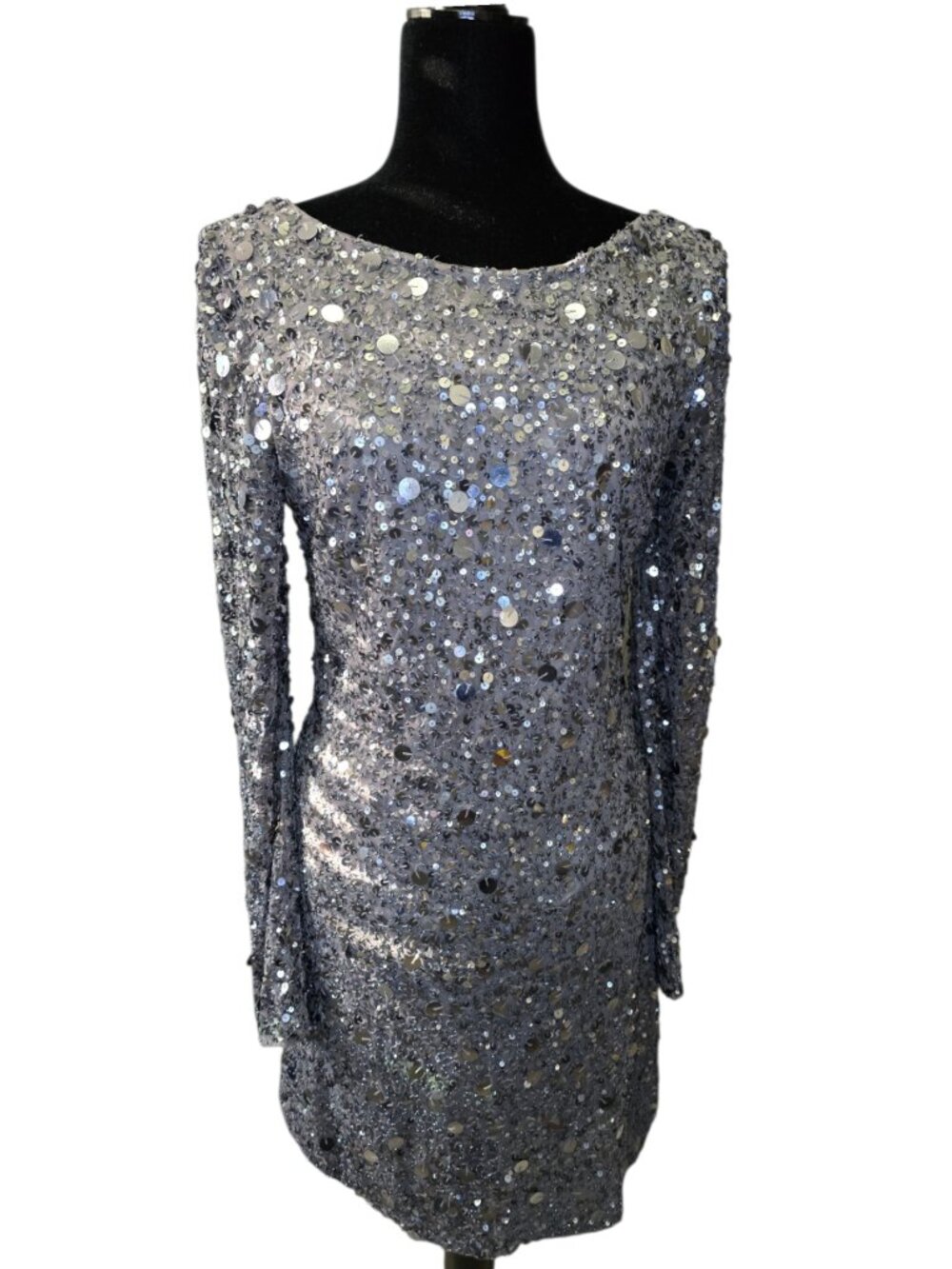 NiteLine Size 12 Silver Beaded Sequin Long Sleeve V-back Dress Lined India As Is